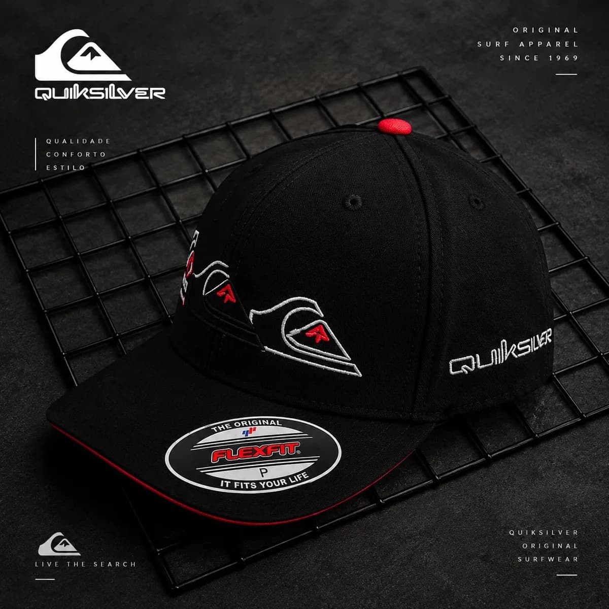 Boné Quiksilver preto com aba vermelha